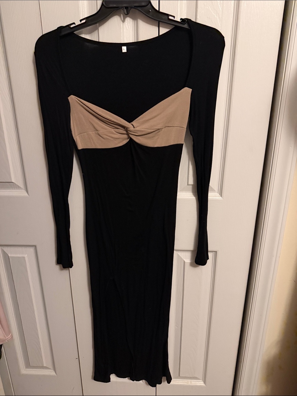 Long Sleeve Black Dress with Tan Bust Detail